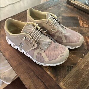 On Clouds Taupe and Blush Sneakers